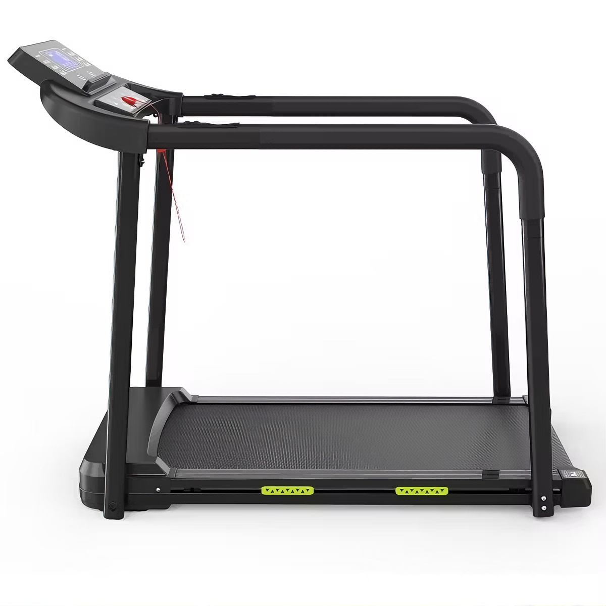 Side view of foldable walking treadmill for elderly with long safety handrails