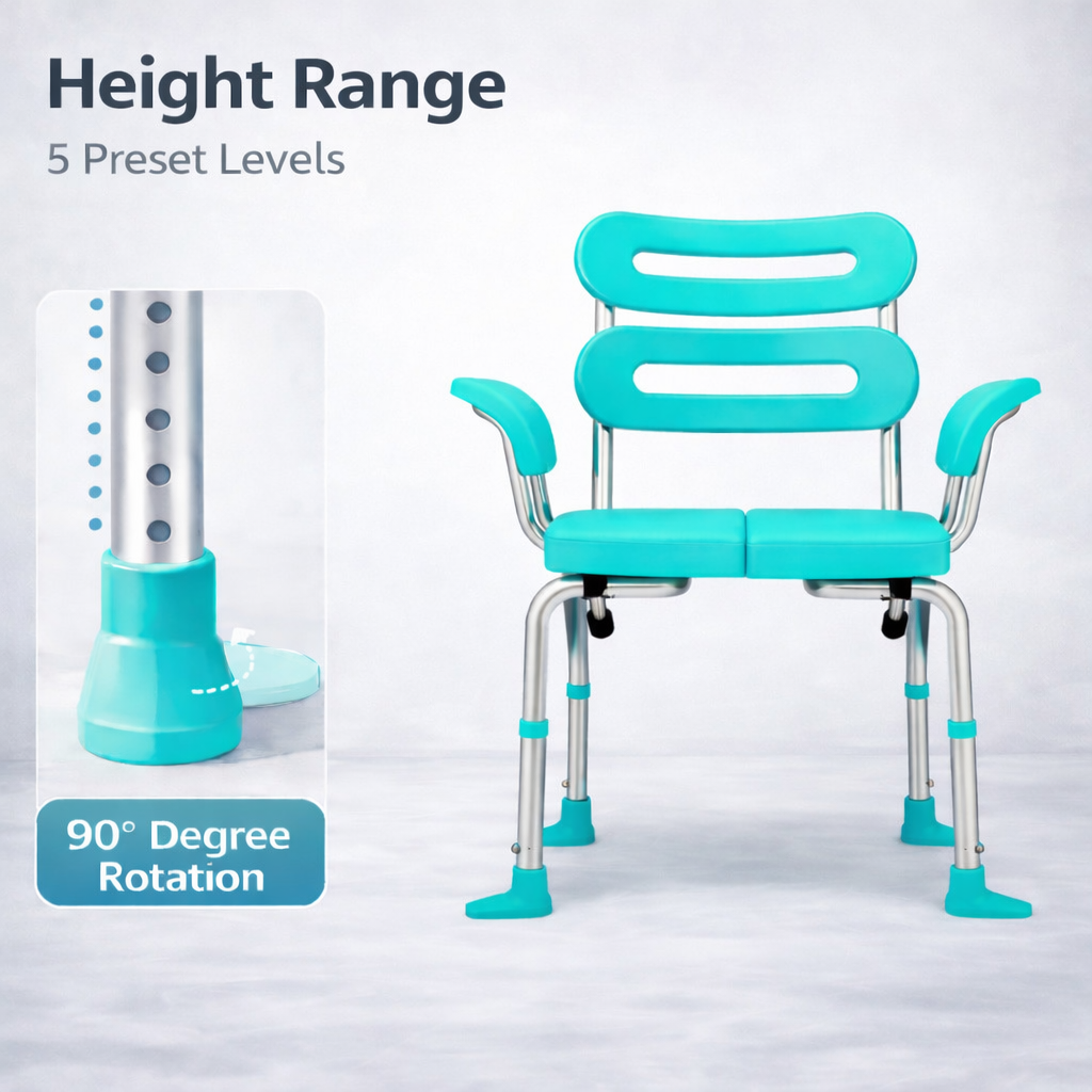 Shower chair displayed with adjustable leg height options illustrated next to the frame