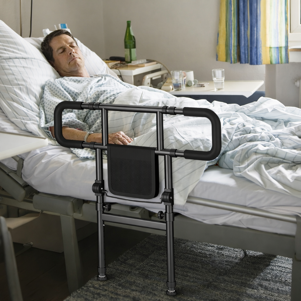 Person lying in a bedroom bed with a bed rail in a room setting.