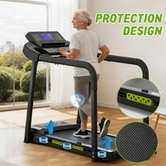 Foldable walking pad treadmill with stable handrails, large LED display, and space-saving design. 