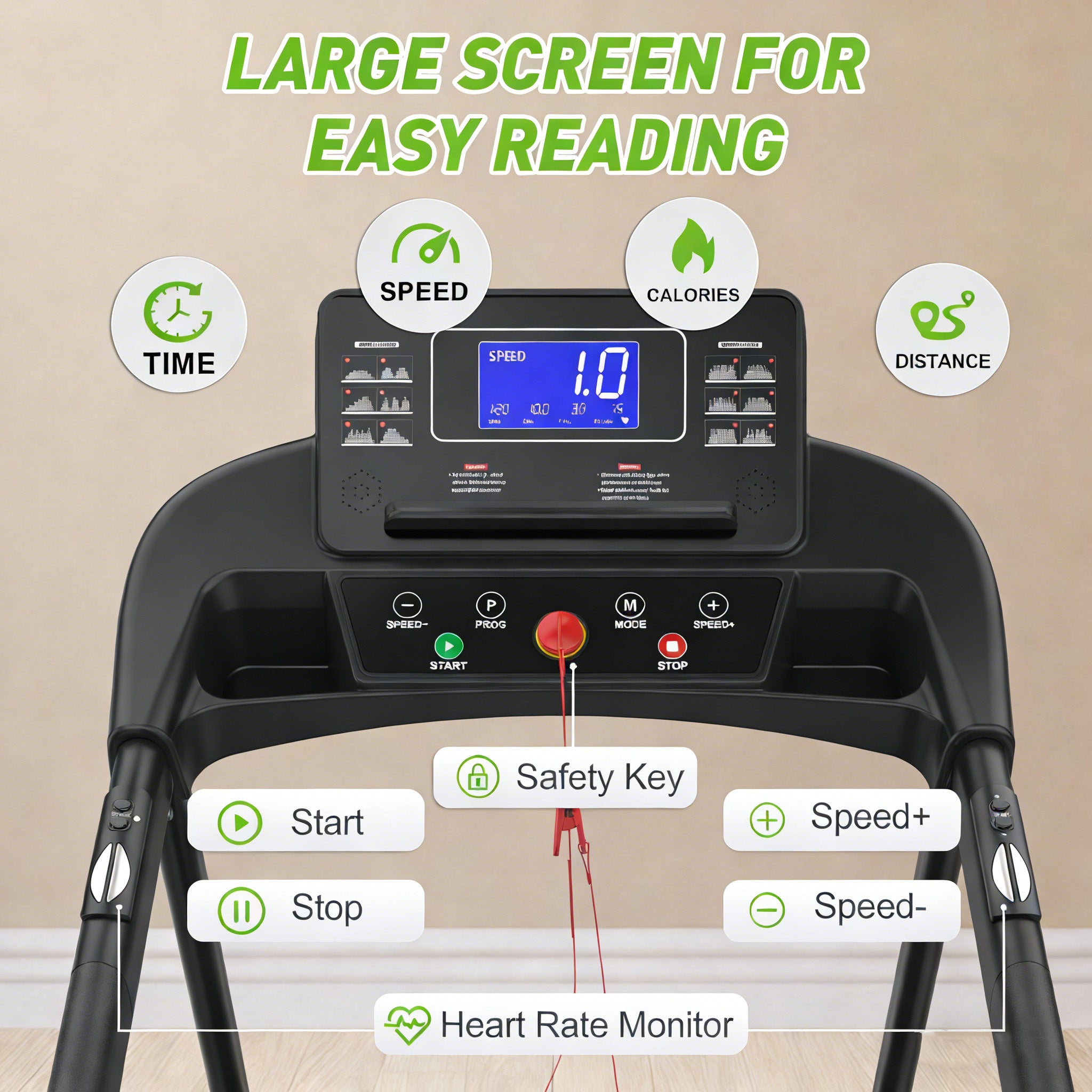 Compact walking pad treadmill with foldable design, smooth performance, and large LED display. 