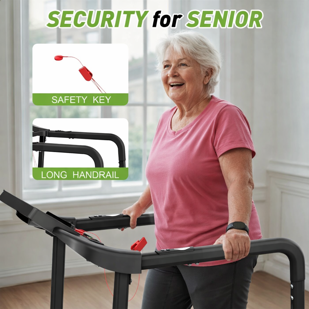 Foldable walking pad treadmill with sturdy handrails, clear LED display, and compact design. Easy to store and ideal for everyday walking at home.