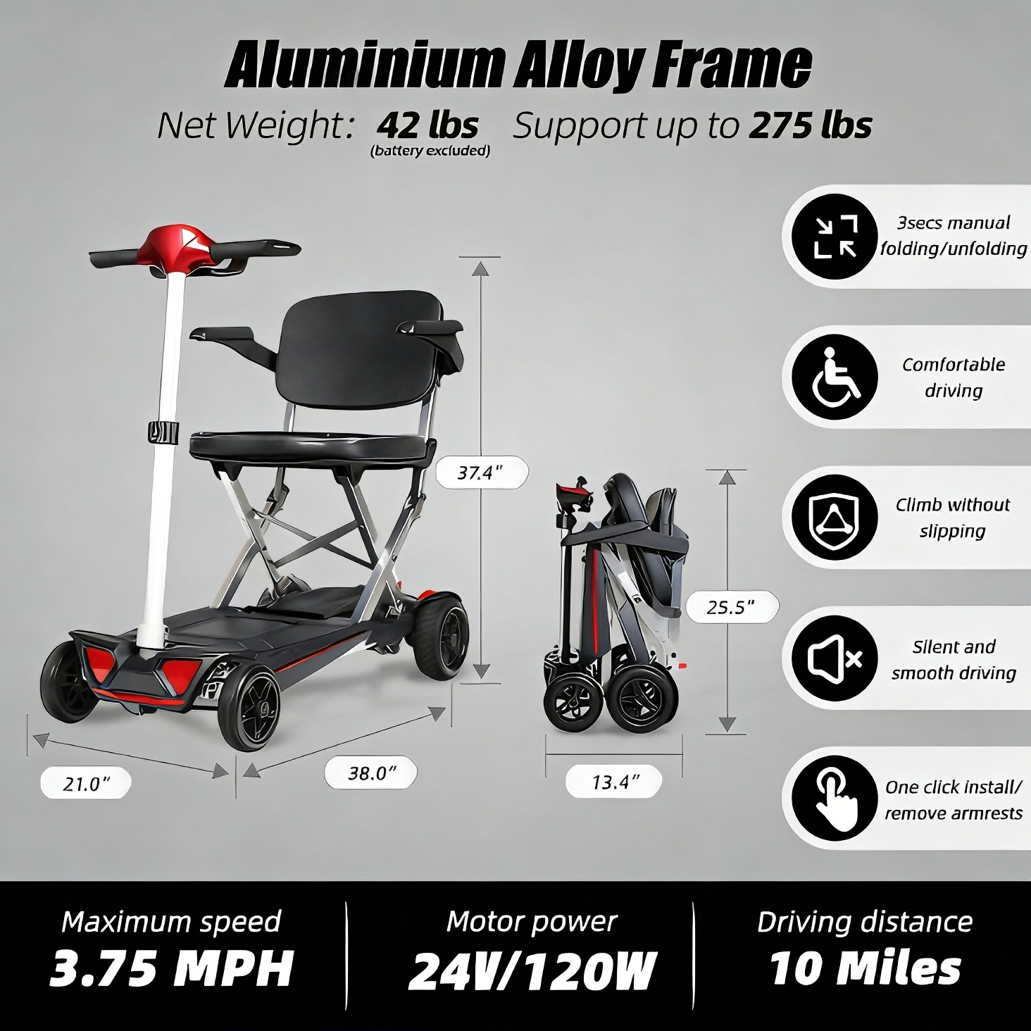 Mobility scooter size chart showing height, width, and folded dimensions