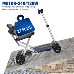 Portable electric mobility scooter with 275 lbs weight capacity and 120W motor for hill climbing