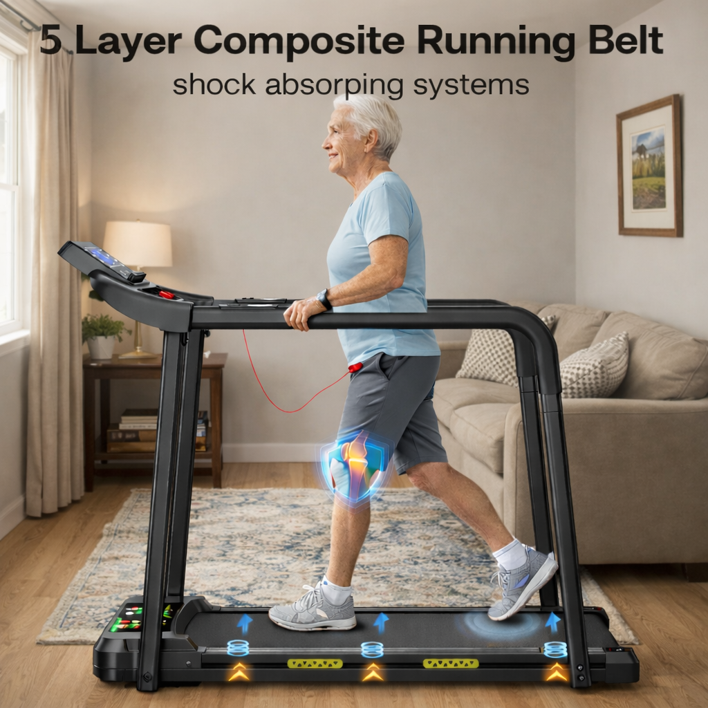 Space-saving foldable walking pad treadmill featuring stable handrails and an easy-to-read LED display.