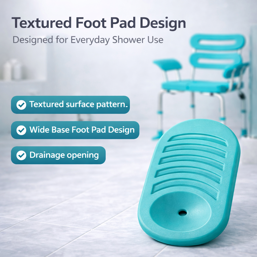 Close-up view of shower chair rubber foot pads showing textured surface design