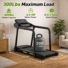 Compact foldable walking pad treadmill with handrails and LED display. Designed for stable, space-saving home walking and light jogging.
