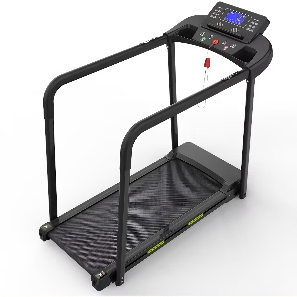 Side view of foldable walking pad with handle for home use, compact walking treadmill