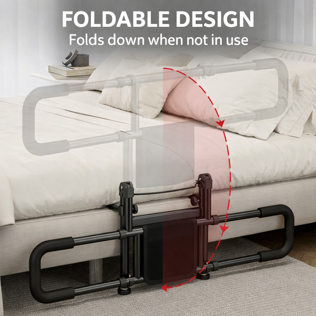 Foldable bed safety rail with text indicating foldable design on a bedroom background.