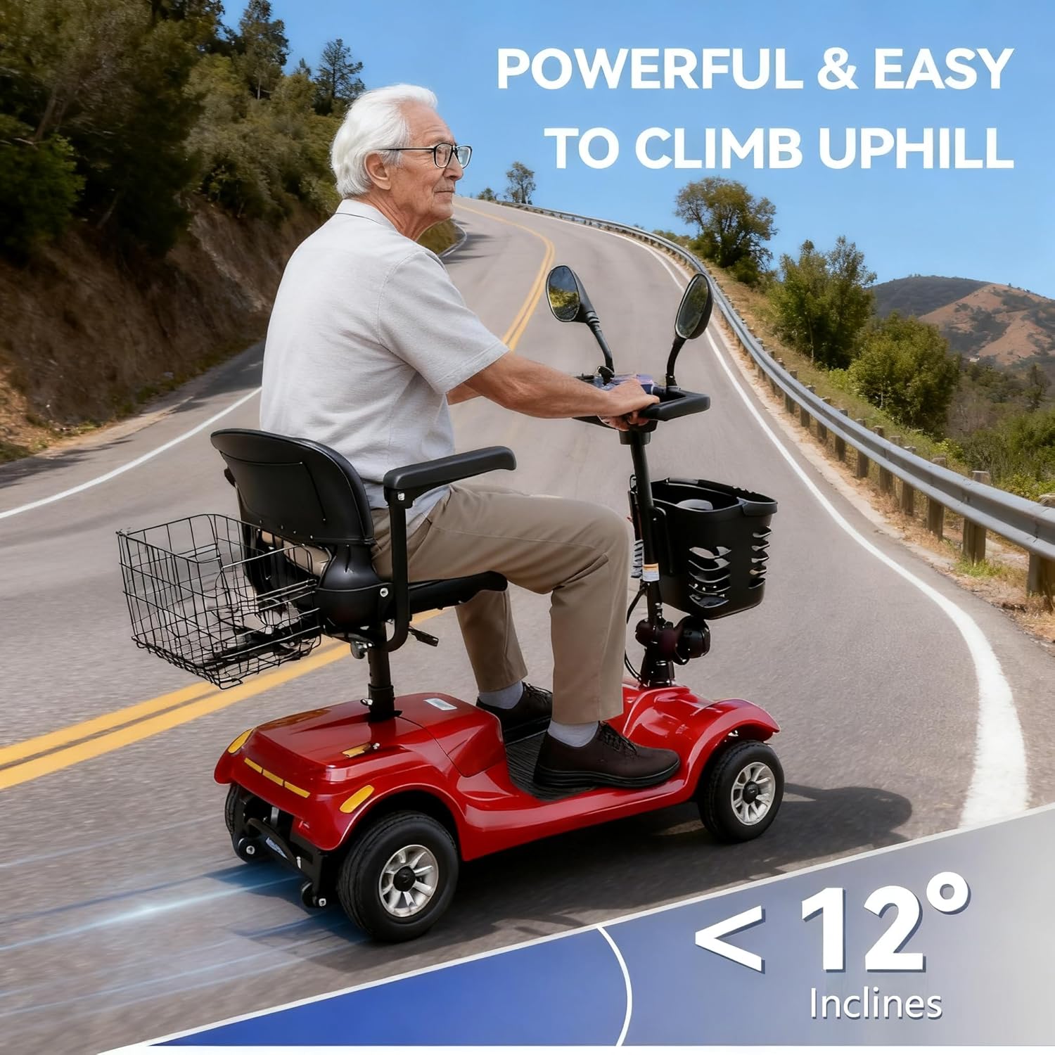 Heavy-duty outdoor folding mobility scooter riding smoothly on gentle slopes