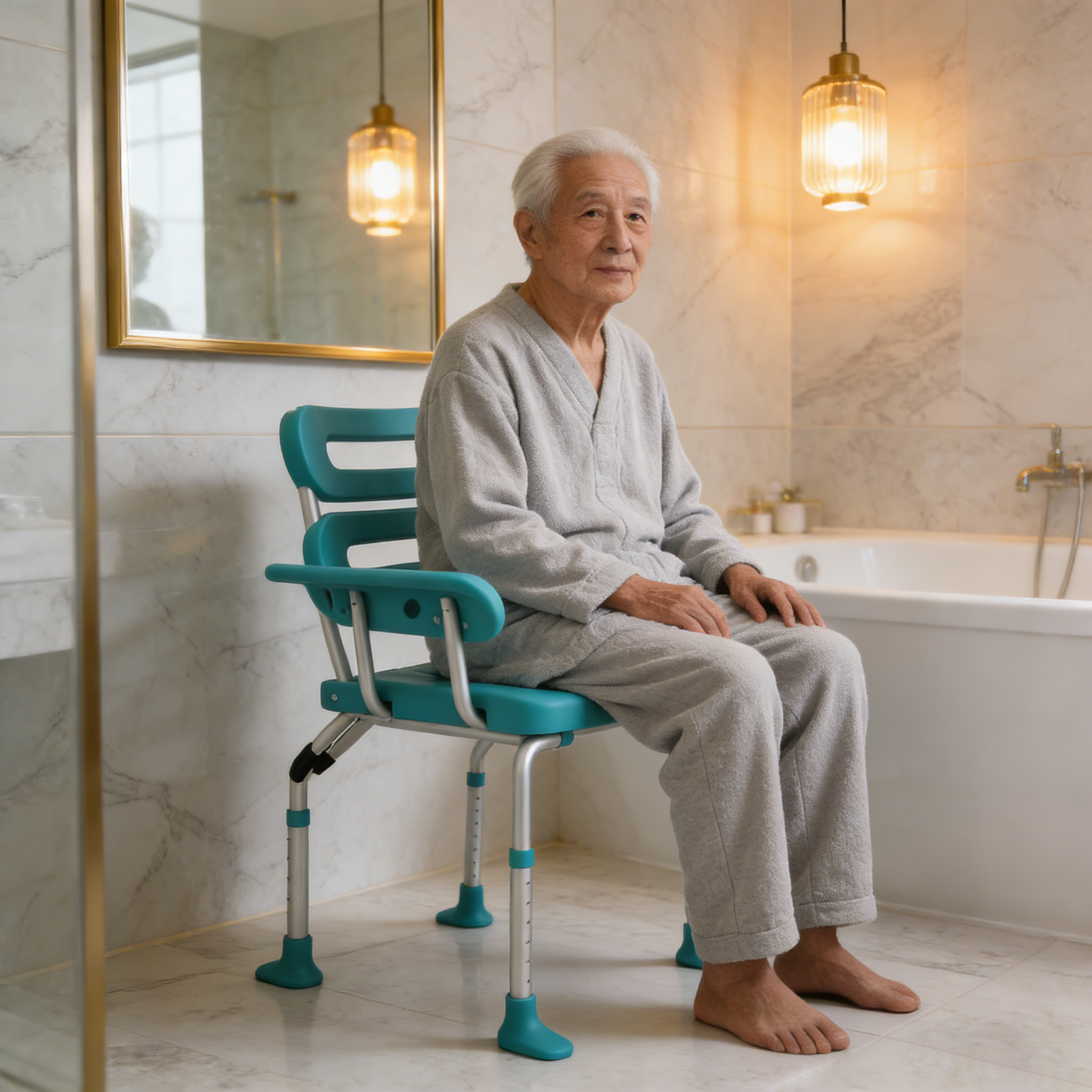 Senior using a shower chair while sitting comfortably in a home bathroom