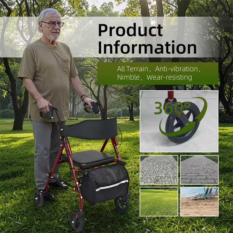 All-terrain lightweight rollator walker for seniors, smooth performance on gravel and uneven ground