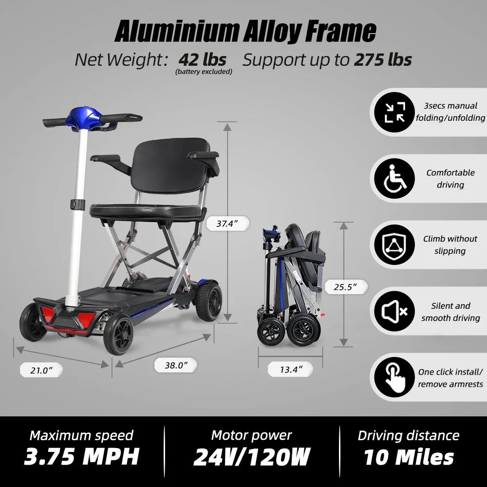 Lightweight foldable mobility scooter with full dimensions and 3-second manual folding design