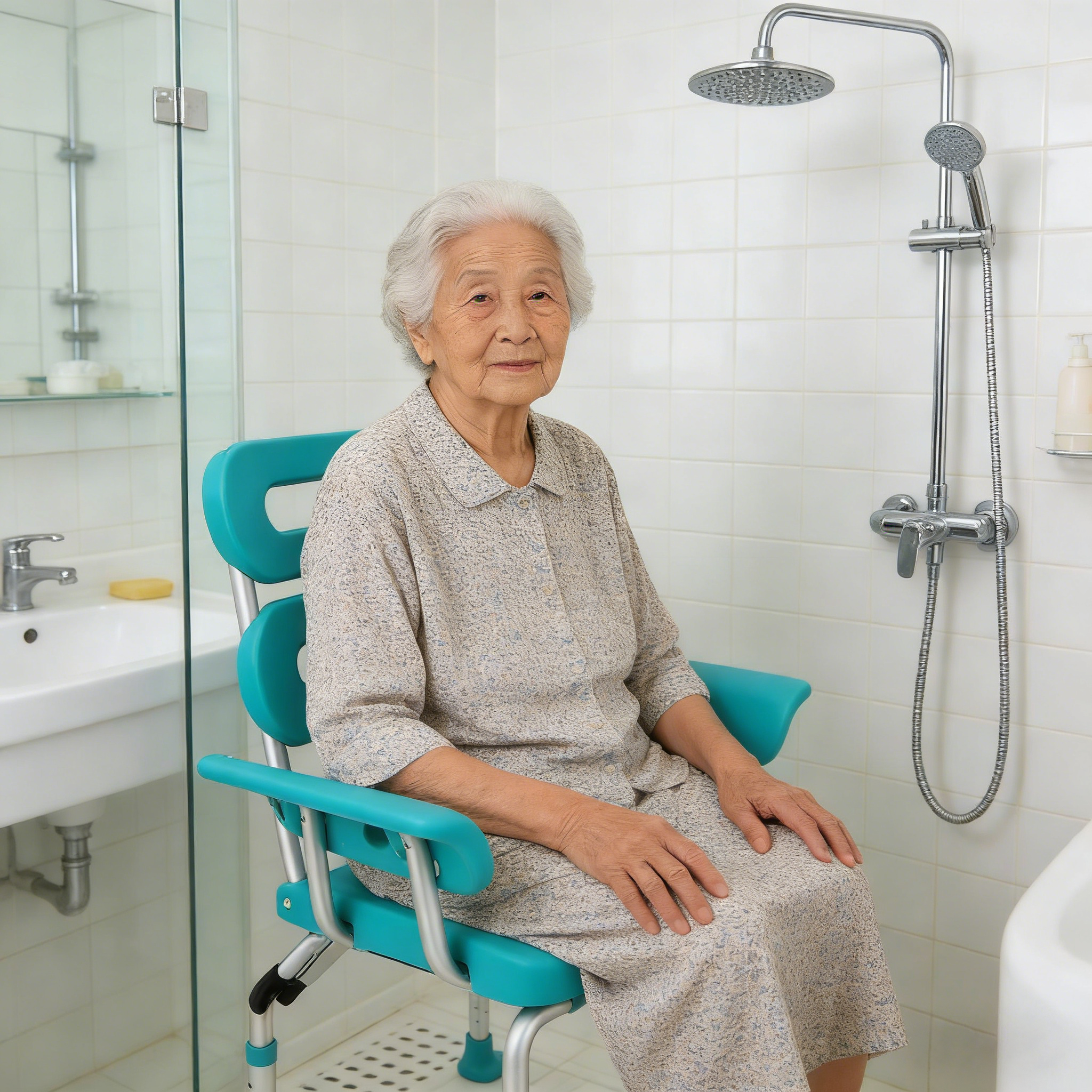 Senior sitting comfortably on a shower chair in a home bathroom