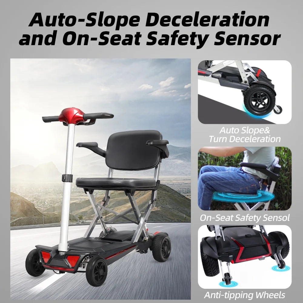 Mobility scooter with anti-tip wheels, slope deceleration, and on-seat safety sensor