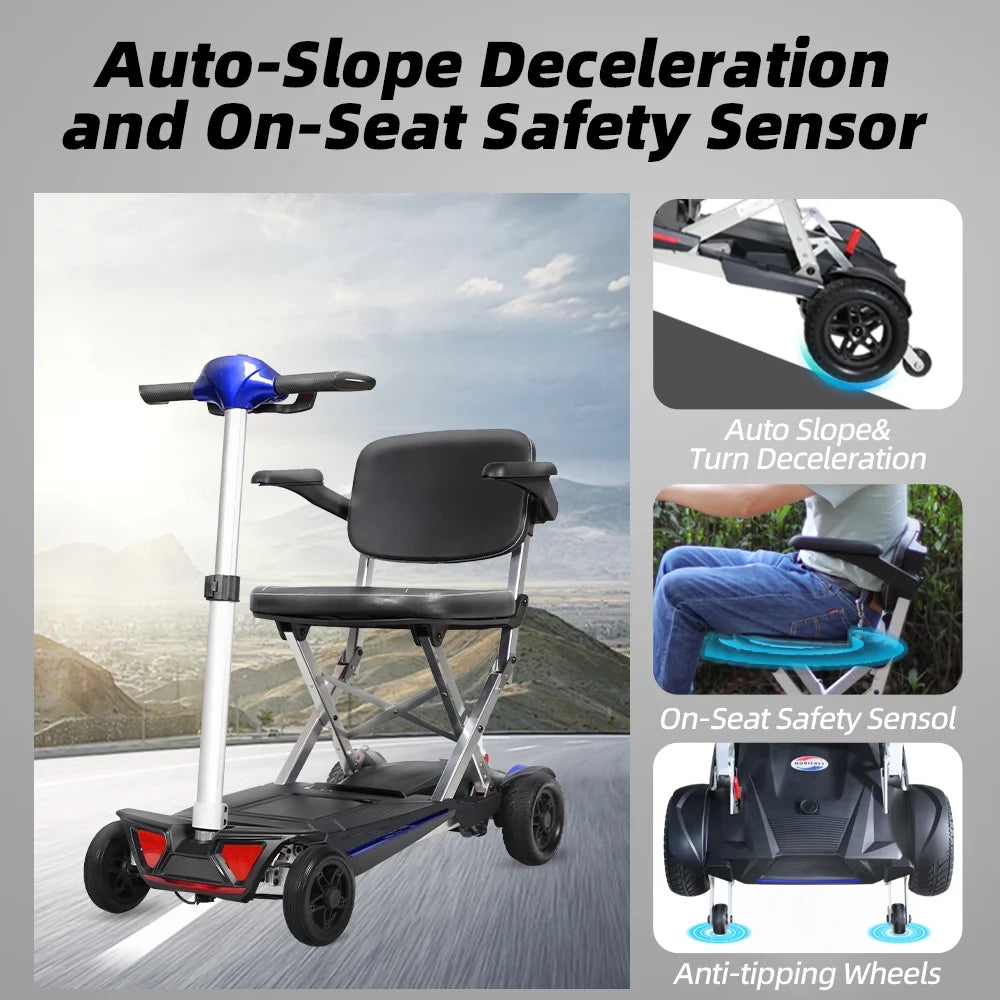 Mobility scooter with auto-slope deceleration, anti-tip wheels, and on-seat safety sensor