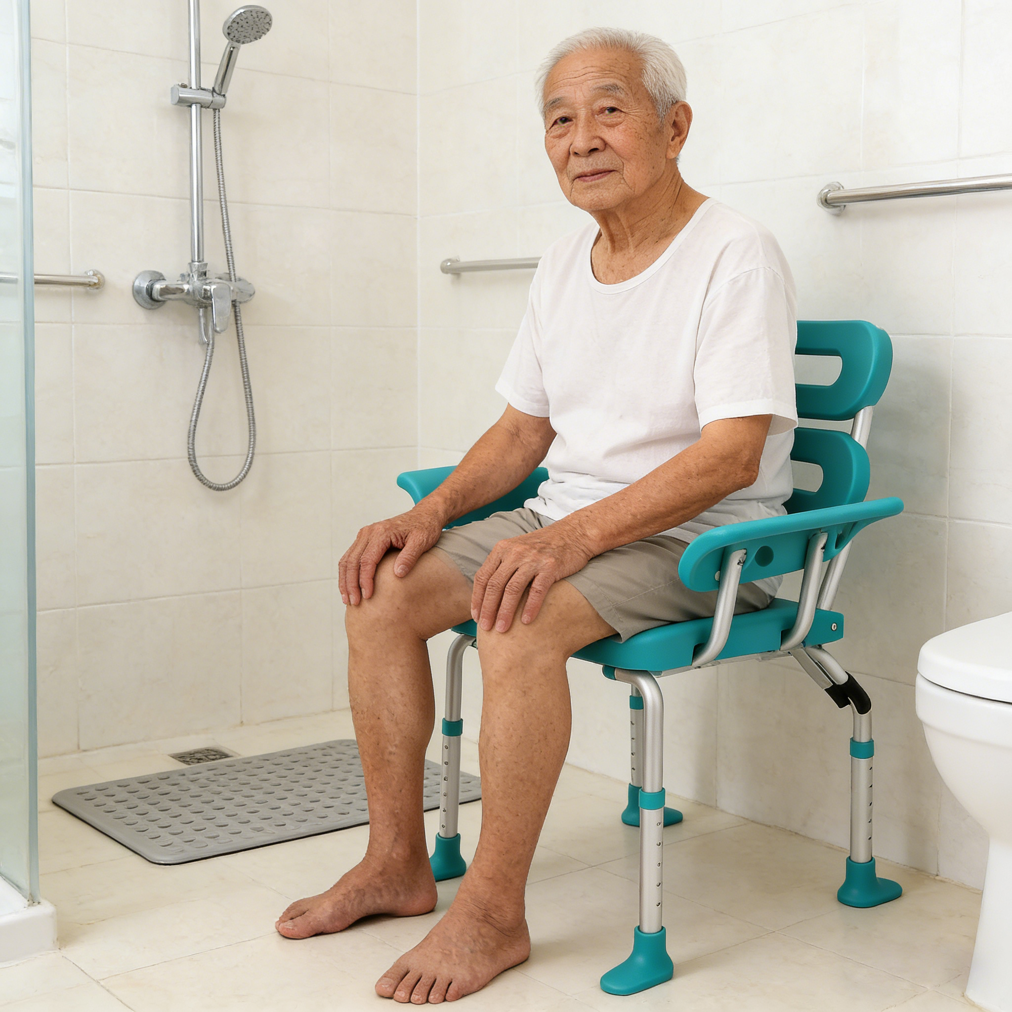 Elderly person using a shower chair during everyday bathroom routines