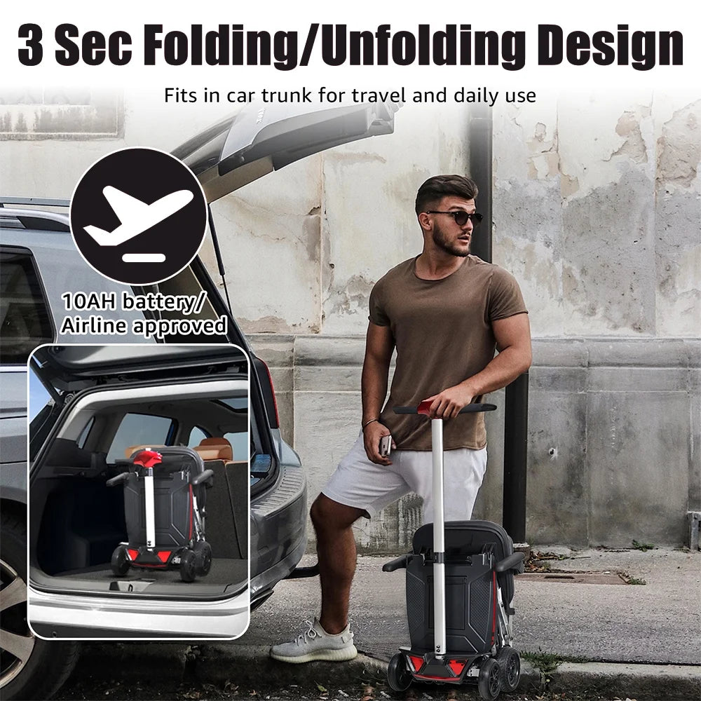 Airline-approved foldable mobility scooter fitting easily into a car trunk