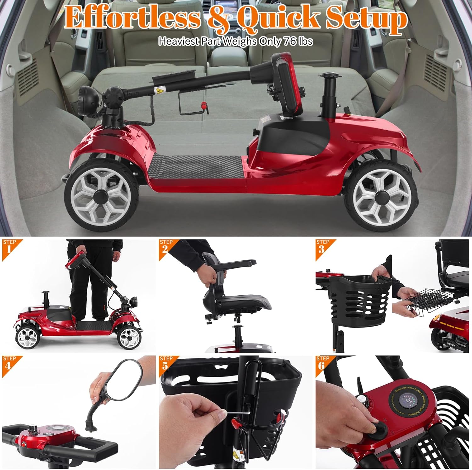 Folding mobility scooter showing easy disassembly for transport and storage