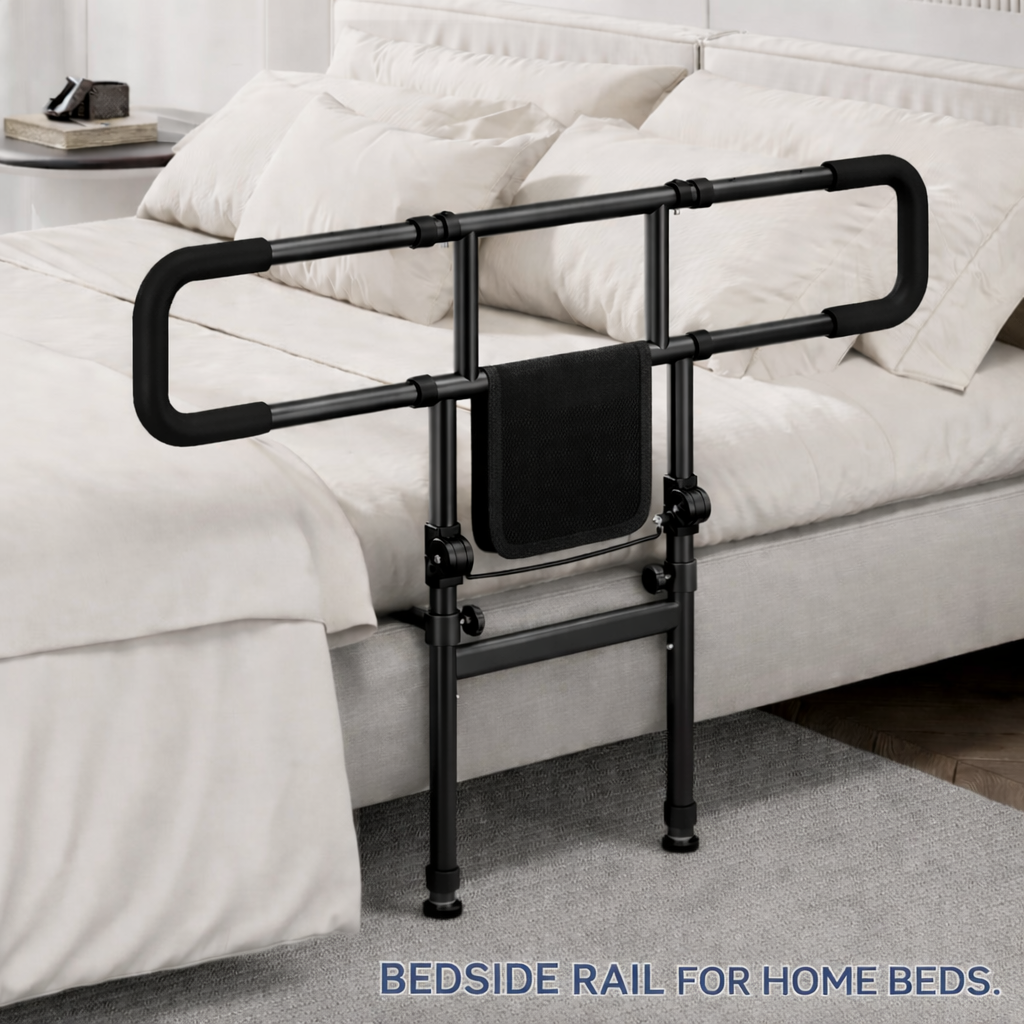 Bedside rail for home beds on a bed in a bedroom setting.
