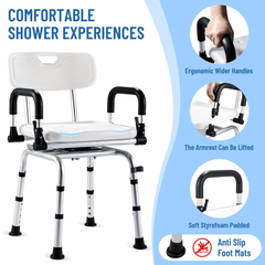 Shower chair with armrests and backrest shown with feature callouts highlighting adjustable arm design, padded handles, and non-slip feet