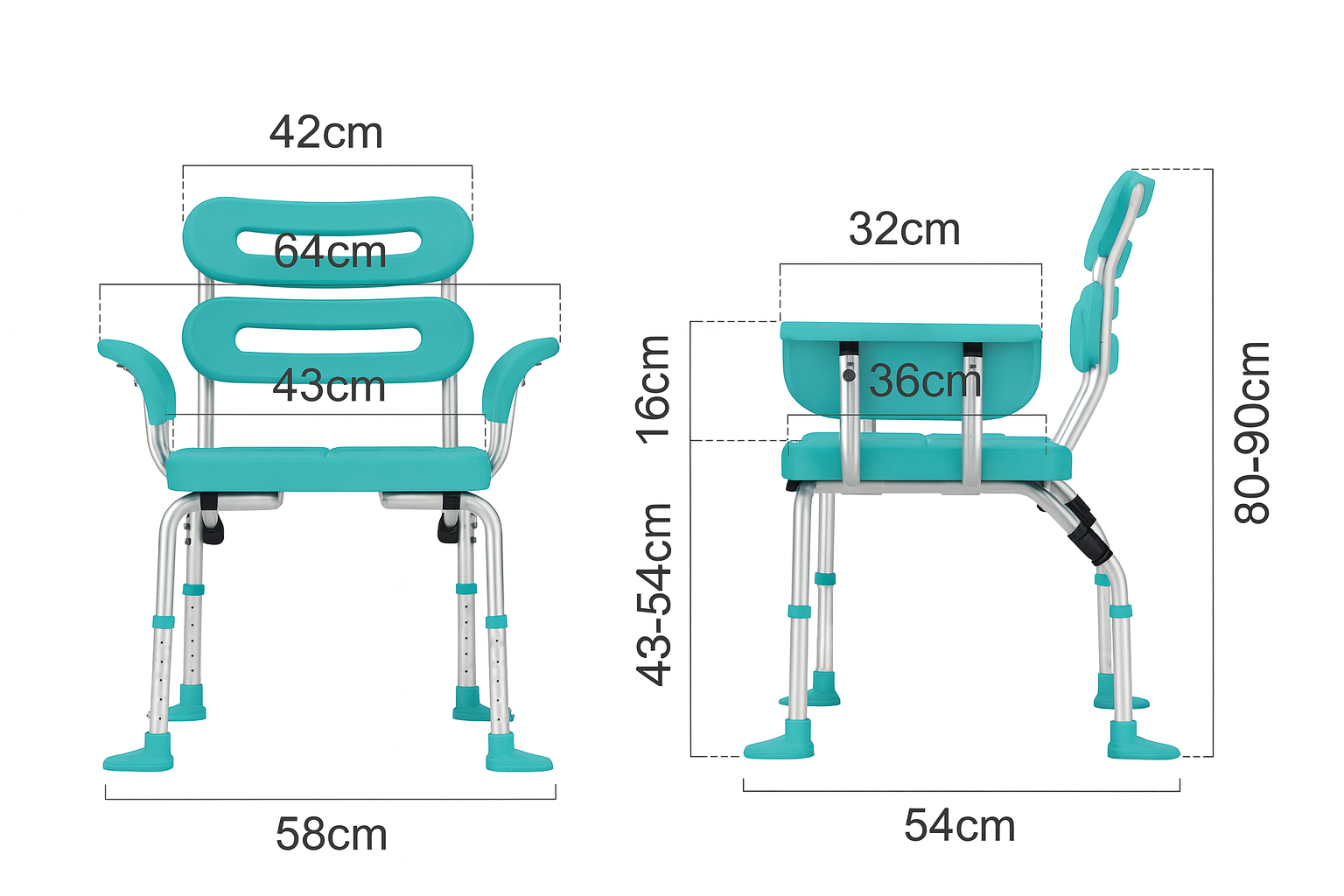 Bariatric Shower Chair Dimensions - Seat Width 43cm, Backrest Height 64cm, Adjustable Legs 43-54cm