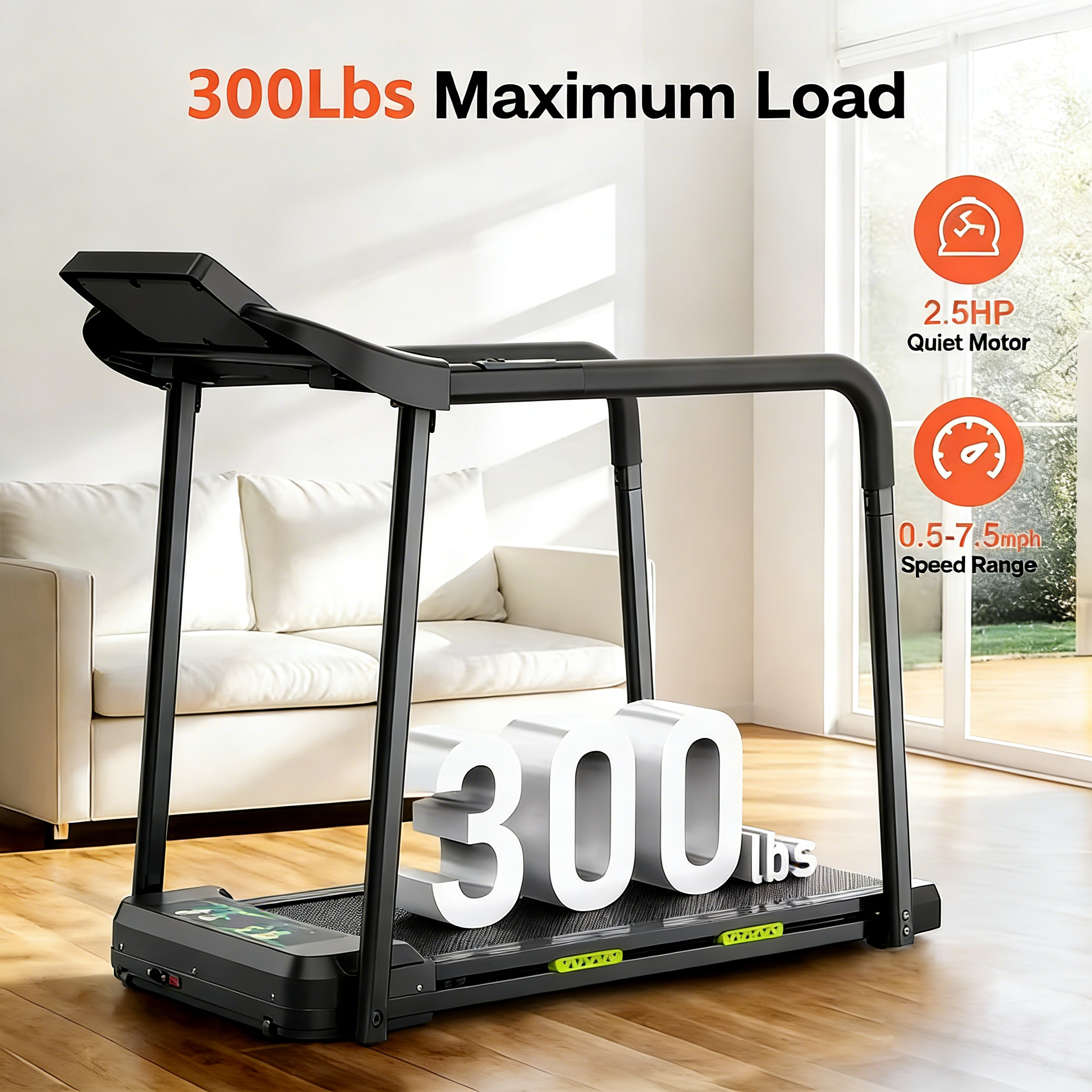 Walking treadmill with handle supports 300 lbs capacity, stable motor for home use