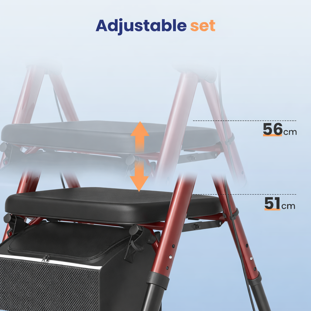 Rollator walker with adjustable seat height, comfortable senior walker with seating support