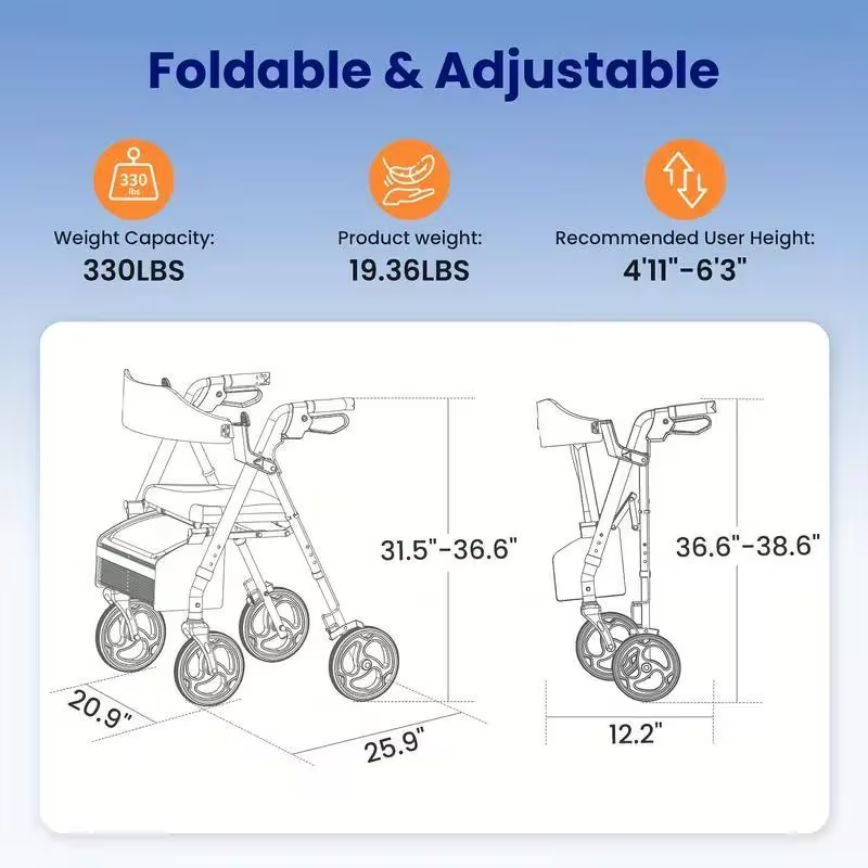 Rollator walker with seat dimensions, adjustable height 4-wheel foldable walker for seniors