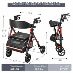 Folding rollator walker dimensions chart, lightweight 4-wheel walker with adjustable height