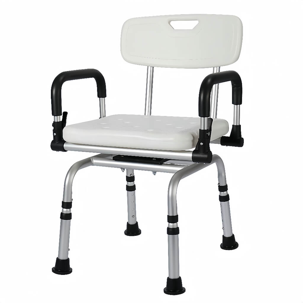 Shower chair with white seat and black armrests on a tiled floor.