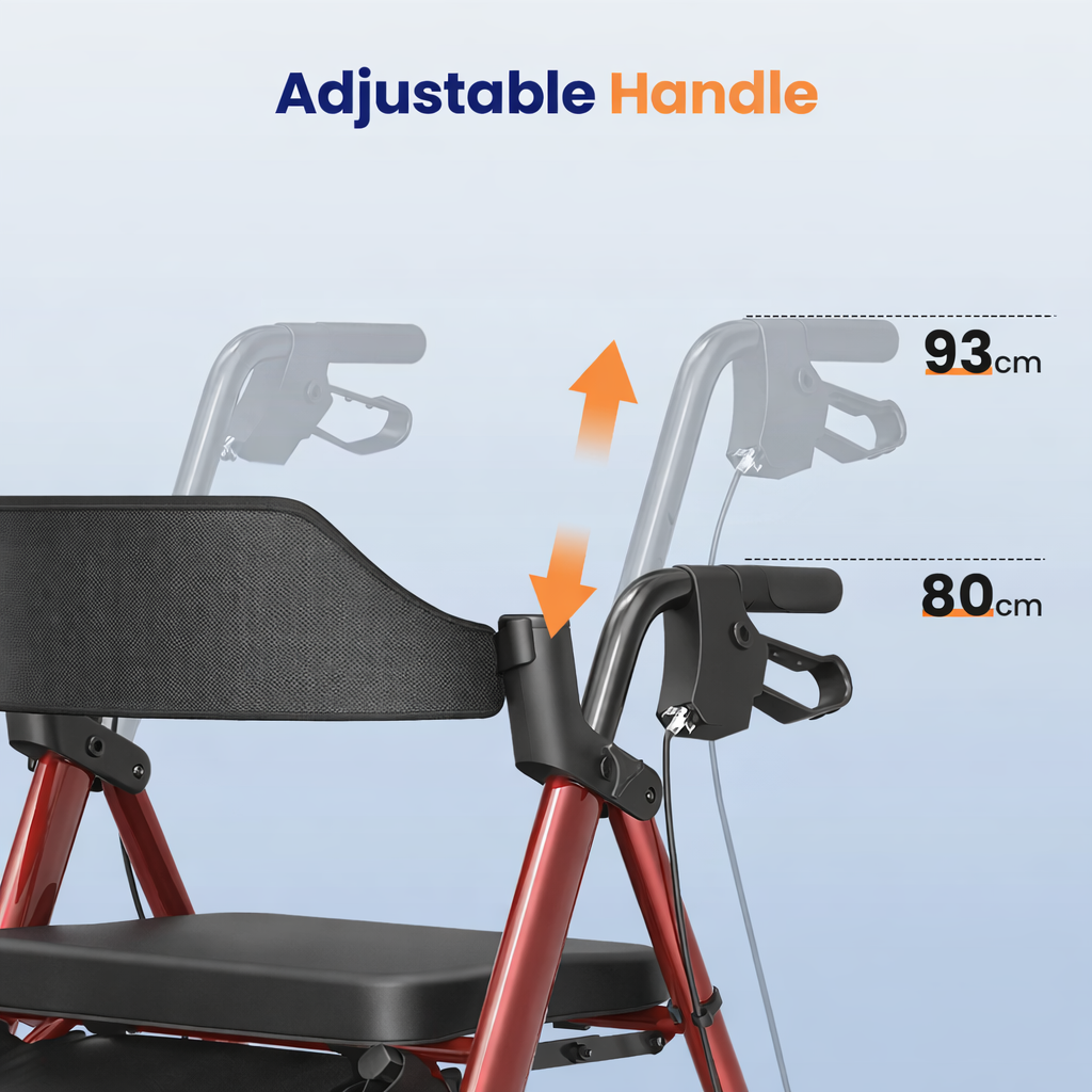 Rollator walker with adjustable handle height, ergonomic senior mobility aid