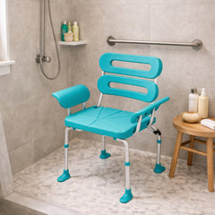 Space-saving foldable shower chair with backrest and armrests in a home bathroom