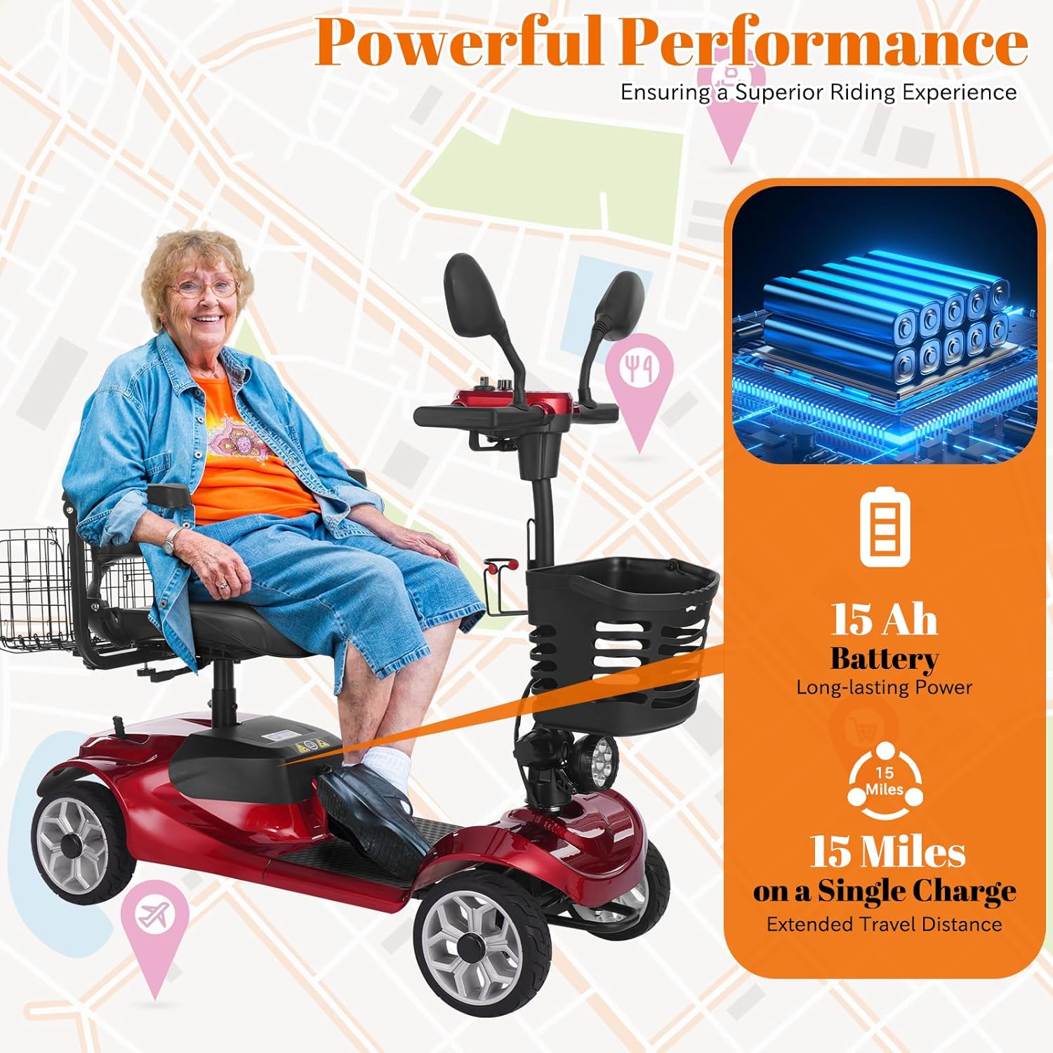 Long-range outdoor mobility scooter designed for reliable daily travel and senior independence