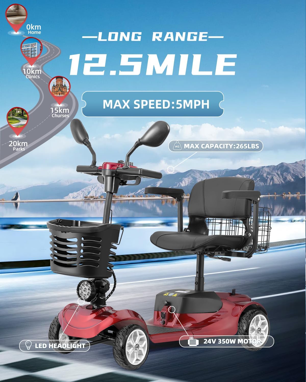 Long-range heavy-duty outdoor folding mobility scooter for daily travel and senior mobility