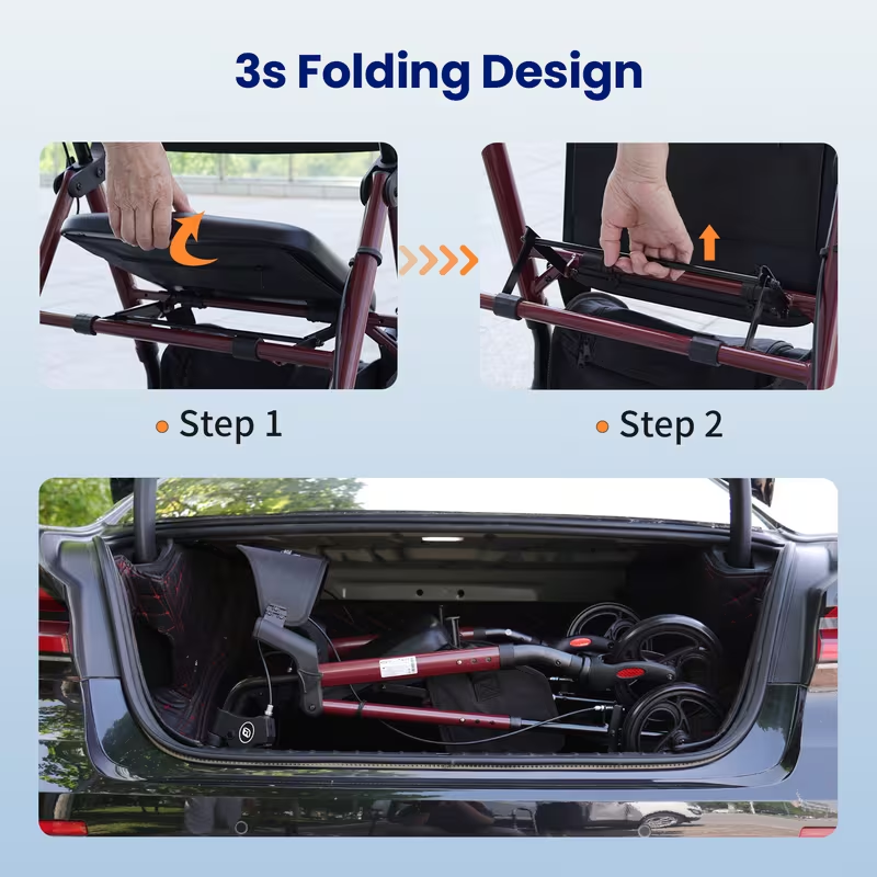 Folding rollator walker with seat for seniors, lightweight 4-wheel walker with quick fold design