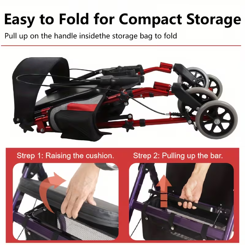 Lightweight folding rollator walker, easy-fold design for compact travel storage