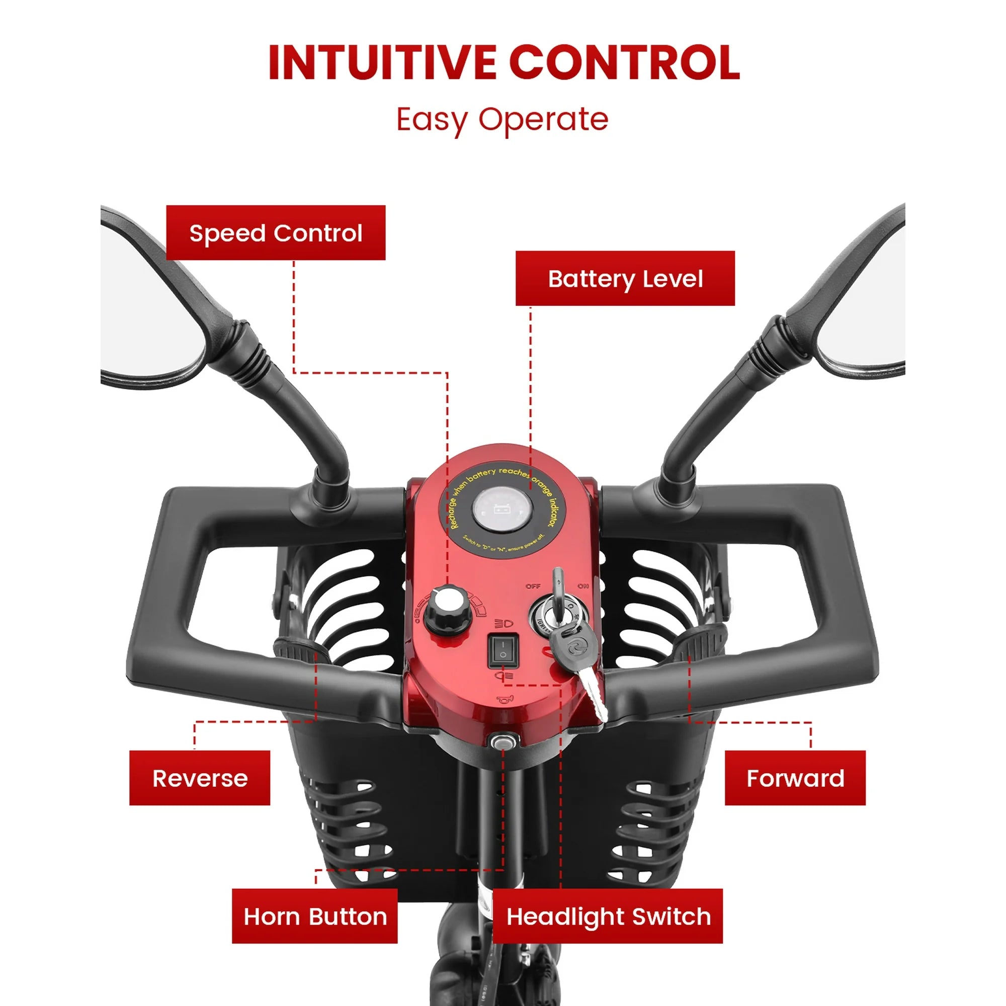 Easy-control handle panel of heavy-duty outdoor folding mobility scooter for seniors